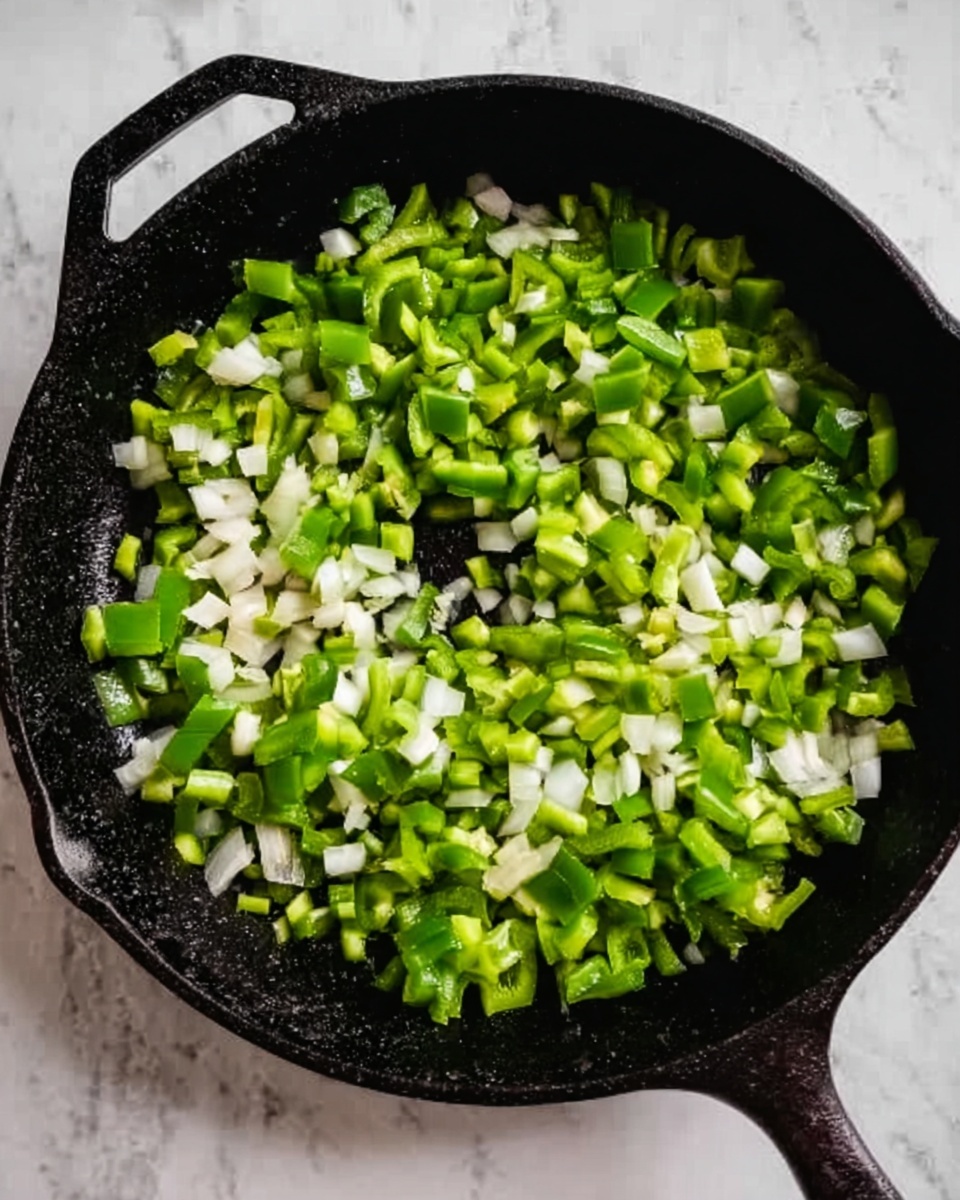 The image shows a black cast iron pan filled with chopped green bell peppers and white onions. The vegetables are spread evenly inside the pan, covering most of the bottom but leaving a small empty space near the center. The green peppers are bright and fresh, while the onions are small, white cubes. The pan handle is visible, resting on a white marbled surface. photo taken with an iphone --ar 4:5 --v 7