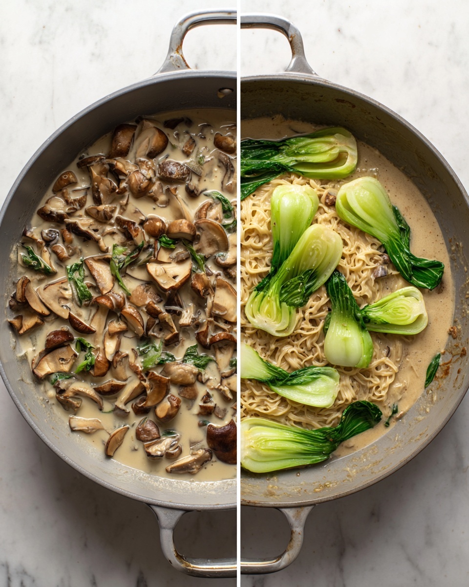 The left side shows a gray pan with many small sliced mushrooms and some green herbs scattered on top, the mushrooms are light beige to brown with varied shapes and textures. The right side shows the same gray pan filled with cooked noodles covered in a creamy light brown sauce, with several whole and sliced mushrooms and bright green baby bok choy placed on the surface. The sauce is smooth but a little thick, and the vegetables float on top nicely. The pan sits on a white marbled surface. photo taken with an iphone --ar 4:5 --v 7