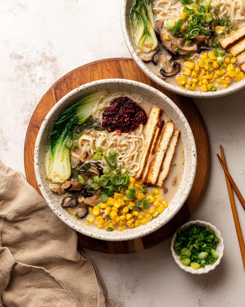 Two bowls of creamy noodle soup are shown on a white marbled surface, one fully visible in the center on a round wooden board and the other partially visible at the top left. Each bowl is white with a speckled pattern and filled with several layers: a creamy broth base, thin ramen noodles in the center, light green bok choy pieces on the bottom left, yellow corn kernels scattered around, sliced light brown mushrooms near the top, and three rectangular slices of golden tofu arranged side by side on the right. A dark red chili paste with oil is placed near the noodles, and bright green chopped scallions are sprinkled over the entire soup. To the right, a small white bowl filled with chopped scallions has a pair of light brown chopsticks resting on its edge. A beige cloth is placed on the bottom left edge of the image. Photo taken with an iphone --ar 4:5 --v 7