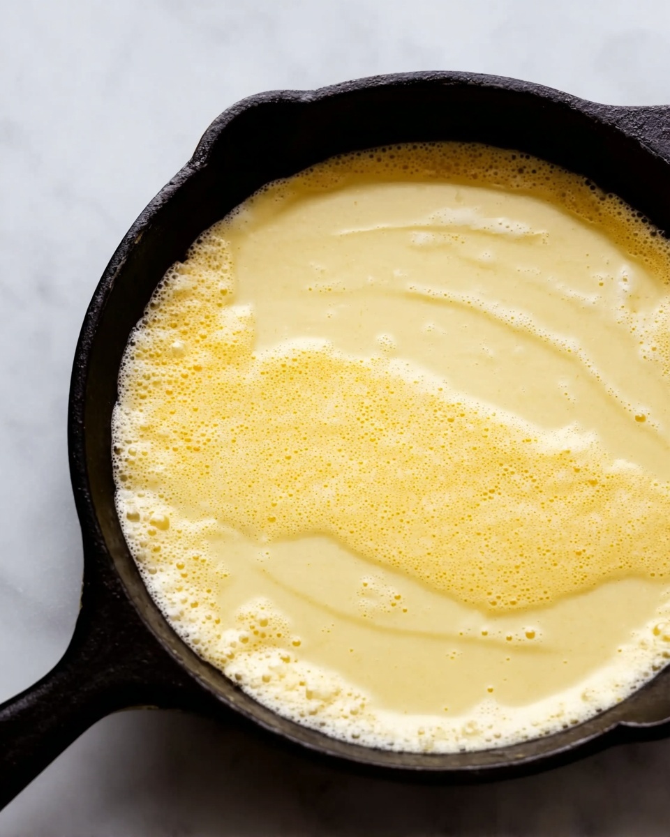 A black cast iron skillet filled with a thick, smooth yellow mixture topped with a layer of light, creamy foam spreading across the surface with a few small bubbles. The skillet rests on a white marbled surface, visible from above showing its round shape and sturdy handle. The mixture looks rich and oily near the edges where the foam thins out, contrasting against the dark pan. photo taken with an iphone --ar 4:5 --v 7