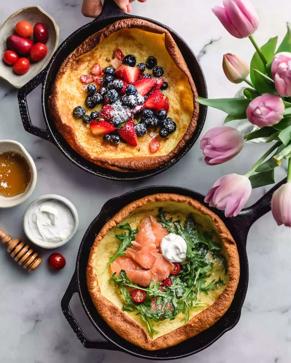 The image shows two black cast iron skillets on a white marbled surface, each with a Dutch baby pancake. The top skillet holds a golden brown pancake topped with strawberries, blueberries, and a dollop of white cream in the center. The bottom skillet contains a pancake with slices of pink smoked salmon, bright green arugula, halved cherry tomatoes, and a white creamy sauce in the center. Around the skillets are small white bowls with cream and a wooden honey dipper, along with a vase of pink tulips and scattered cherry tomatoes. A woman's hand is partly visible near the top skillet. photo taken with an iphone --ar 4:5 --v 7