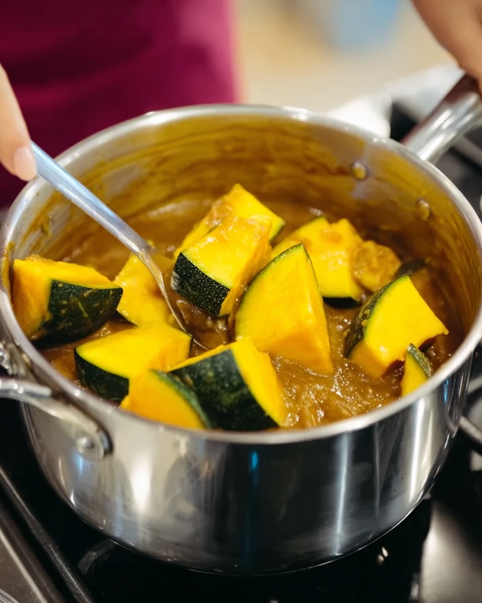 A woman’s hand is stirring large, bright yellow pumpkin pieces with dark green edges in a shiny silver pot filled with a thick, brown liquid sauce. The pumpkin pieces are large, chunky, and sit on top of the sauce in the pot, showing a mix of smooth and slightly soft textures. The pot is placed on a stove, and the background is softly blurred allowing the pumpkin and sauce to be the clear focus. The colors are warm and inviting with rich yellow from the pumpkin and earthy brown from the sauce. Photo taken with an iphone --ar 4:5 --v 7