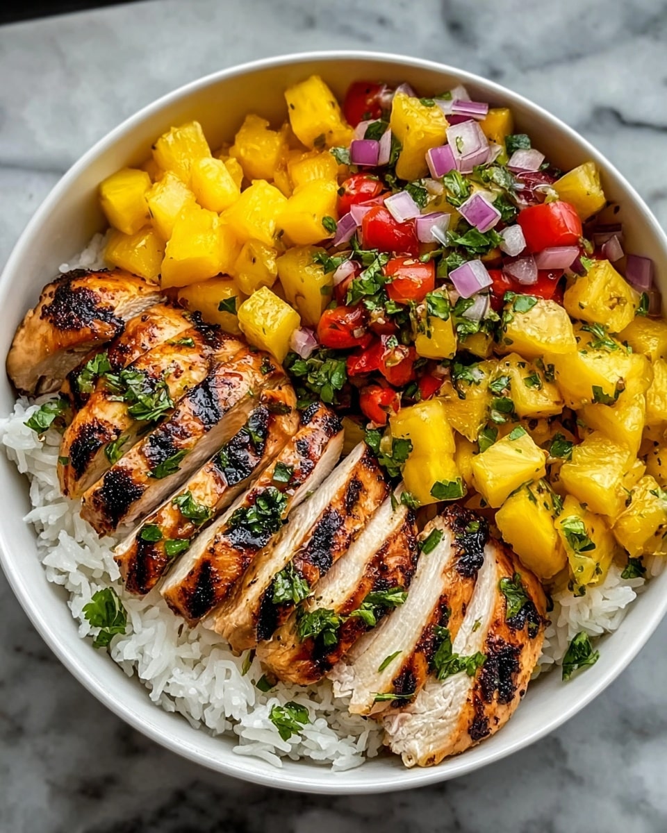 A white bowl filled with four main layers: at the bottom, a base of plain white rice; on the right side, sliced grilled chicken with dark grill marks and sprinkled with chopped green herbs; on the left side, fresh yellow pineapple chunks; and next to the pineapple, a colorful salsa made with diced red tomatoes, red onions, yellow pineapple, and green herbs. This is all placed on a white marbled surface. Photo taken with an iphone --ar 4:5 --v 7