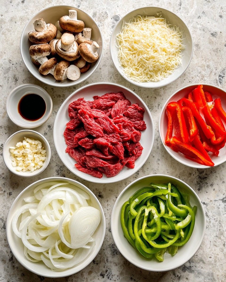 The image shows eight white bowls arranged on a white marbled texture surface, each containing different ingredients for cooking. In the middle, there is a bowl filled with thin, bright red slices of raw beef. Surrounding it are thinly sliced white onions in the bottom left bowl and thin green bell pepper strips in the bottom right bowl. To the right of the beef, there is a bowl filled with finely grated white cheese, while the bottom left bowl contains shredded white cheese. At the top left, a bowl holds halved brown mushrooms, and next to it, a small bowl with chopped garlic sits between two other small bowls: one with a dark brown liquid sauce and the other with salt and pepper. Finally, on the top right, a bowl is filled with bright red sliced bell peppers. Photo taken with an iphone --ar 4:5 --v 7