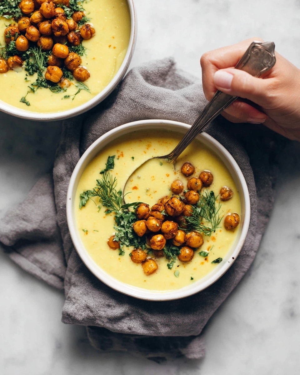 Two bowls with smooth, creamy yellow soup fill the frame, each topped with small, round, golden brown roasted chickpeas and fresh green herbs scattered on top. One bowl is centered with a spoon scooping into the soup, held by a woman’s hand, revealing the thick texture within. Both bowls are white, resting on a soft, gray cloth, set on a white marbled surface, creating a clean and cozy look. photo taken with an iphone --ar 4:5 --v 7