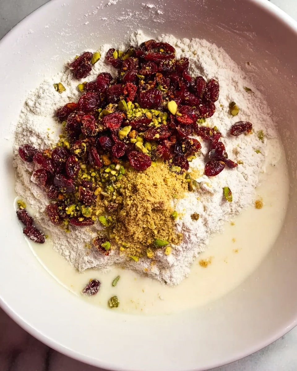 The image shows a white bowl filled with several layers of ingredients placed on a white marbled surface. The bottom layer is a white powdery flour, surrounding a pool of light cream liquid on one side. On top of the flour in the center, there is a heap of bright red dried cranberries mixed with small pieces of crushed green pistachios and a small mound of light brown finely grated ginger or similar ingredient. The mixture of colors and textures creates a rich, inviting look. Photo taken with an iphone --ar 4:5 --v 7