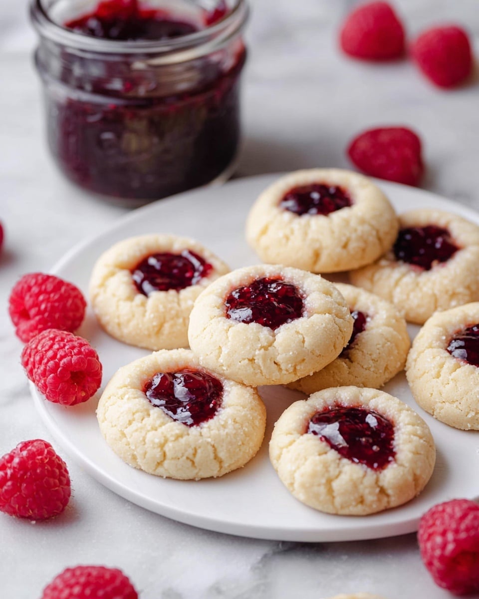 A white plate with about eight small thumbprint cookies arranged loosely, each cookie has a light golden, crumbly textured dough with a shiny, dark red jam filling in the center. Scattered among the cookies are fresh red raspberries that add bright color contrast. In the background, there is a clear glass jar filled with more dark red jam. The scene is set on a white marbled surface that softly reflects light. Photo taken with an iphone --ar 4:5 --v 7