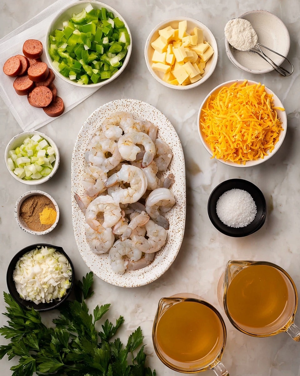 The image shows several ingredients arranged on a white marbled surface. In the center, there is an oval white plate with brown speckles holding raw peeled shrimp with tails on, showing a light pink and gray color. Around this plate, there are several small white bowls and measuring cups containing chopped green bell pepper, diced white onion and celery, shredded orange cheddar cheese, and sliced reddish-brown sausage. Other items include diced yellow butter pieces on white paper, minced light beige garlic in a small white dish, white flour in a small black bowl, light brown seasoning powder in a small glass bowl, granulated white ingredient in a black measuring cup, and two clear measuring cups with light orange broth. Fresh green parsley leaves are scattered near the bottom left. The overall look is clean and organized. photo taken with an iphone --ar 4:5 --v 7