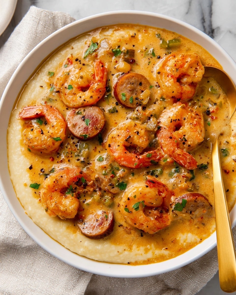 This image shows a white bowl filled with a creamy, pale yellow base layer that looks smooth and soft. On top, there is a rich orange sauce with pieces of shrimp and round sausage slices spread evenly. The shrimp are bright orange with a slight gloss, curled and mixed well with the sauce. The sausage pieces are browned and glossy, adding a deeper color contrast. Small bits of green herbs and black pepper are sprinkled over the dish for extra texture and color. A gold spoon is partially dipped into the food on the right side of the bowl, all set on a white marbled surface with a piece of white fabric beneath. photo taken with an iphone --ar 4:5 --v 7