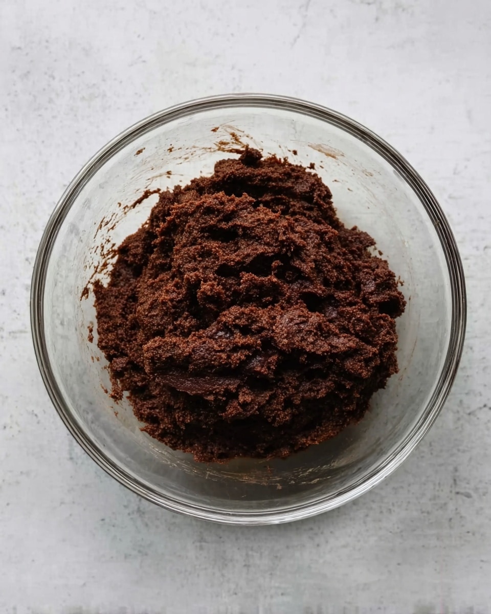 A clear glass bowl sits on a white marbled surface, holding a single mound of thick, dark brown cookie dough with a slightly rough texture. The dough is centered, showing uneven shapes and small lumps throughout, indicating a rich and dense mixture. The bowl is simple and round, letting the dark dough stand out against the clean marbled background. photo taken with an iphone --ar 4:5 --v 7
