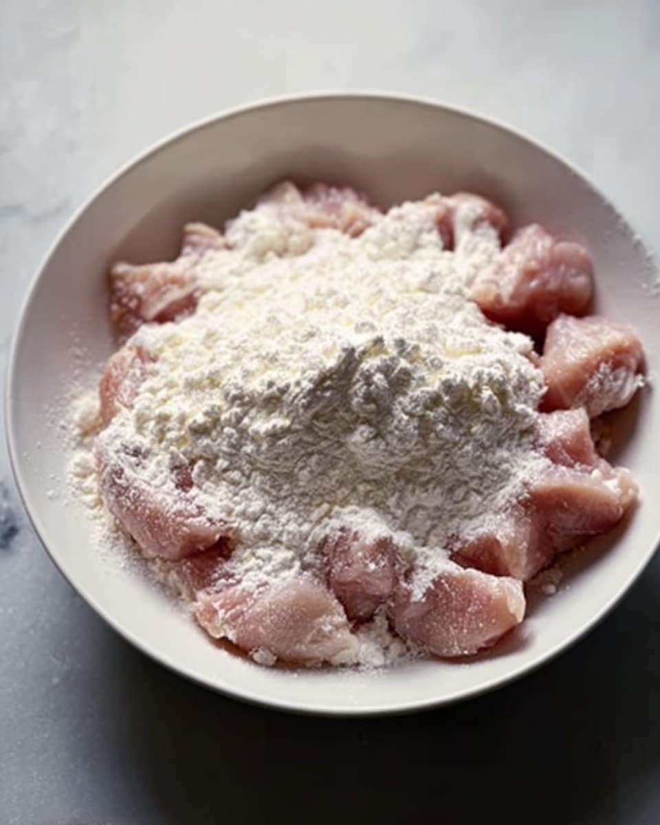 A white bowl filled with small pieces of raw pink chicken, topped with a thick layer of white flour powder. The chicken pieces are spread evenly under the flour, showing some parts through the soft white layer. The bowl sits on a white marbled surface, and the lighting highlights the texture of the chicken and flour clearly. Photo taken with an iphone --ar 4:5 --v 7
