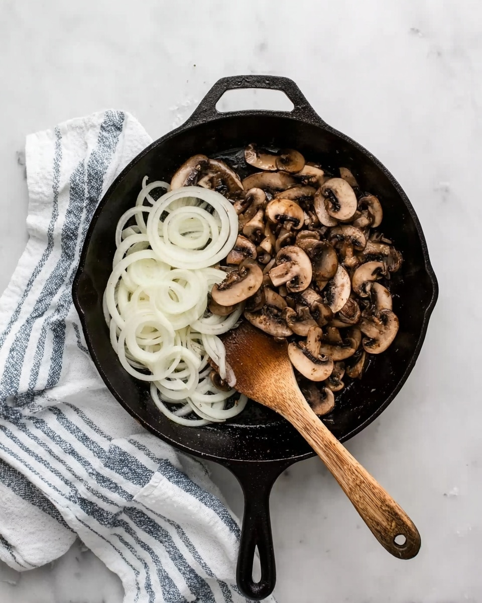 A black cast iron pan sits on a white marbled surface. Inside the pan, there is a layer of thin, round white onion slices placed mostly on one side. On top of the onion, there is a layer of sliced brown mushrooms scattered unevenly. A wooden spoon with a worn handle rests inside the pan, with the spoon part touching the onion slices. To the side of the pan, a white cloth with blue stripes lies on the marbled surface. Photo taken with an iphone --ar 4:5 --v 7