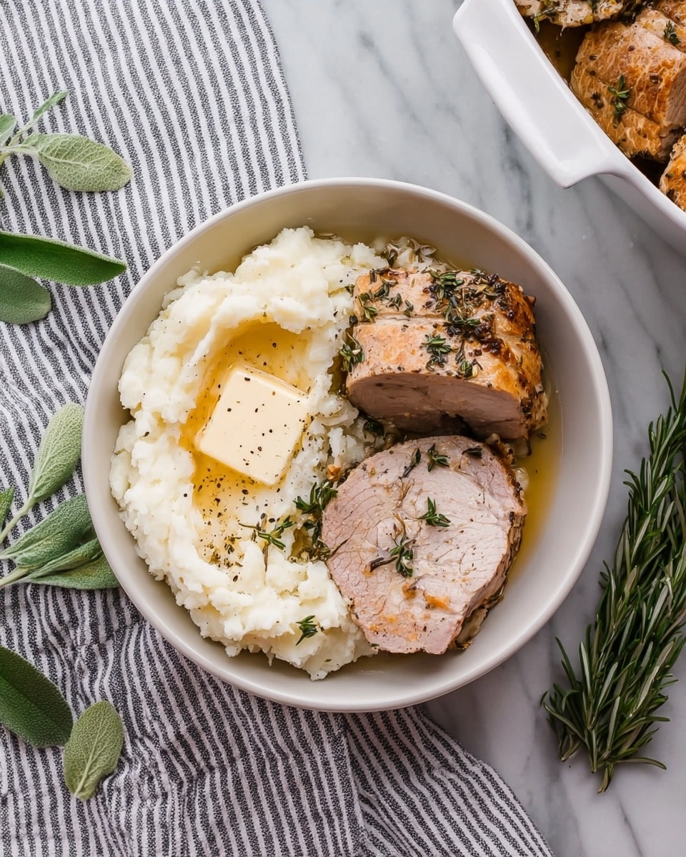 A white round bowl holds two thick slices of cooked meat with light brown and pink colors, seasoned with herbs on top, placed on the right side of the bowl. On the left side, there is a heap of creamy mashed white potatoes topped with a square slice of melting butter, sprinkled with black pepper. The bowl sits on a gray and white striped cloth with fresh herbs like rosemary and sage around it and a white marbled surface underneath. The top right corner shows a white dish with more cooked meat pieces with a golden-brown crust. photo taken with an iphone --ar 4:5 --v 7