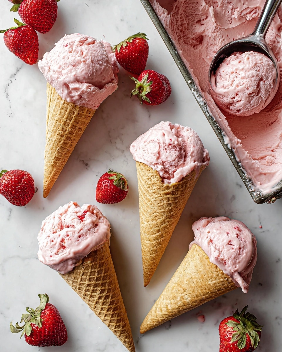The image shows three waffle cones lying on a white marbled surface, each filled with a large scoop of creamy pink strawberry ice cream that has a slightly soft texture and small strawberry bits visible. Around the cones, there are whole and halved fresh strawberries scattered, their bright red color and green leaves contrasting with the pink ice cream. In the top right corner, there is a rectangular container filled with more pink strawberry ice cream, with a metal scoop resting inside, partly covered with the ice cream. The setup is bright and clean, capturing the freshness and softness of the ice cream and strawberries. photo taken with an iphone --ar 4:5 --v 7