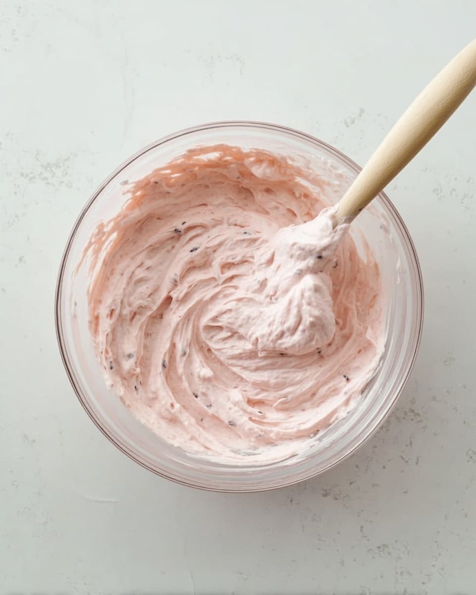 A clear glass bowl filled with light pink cream that has a thick and fluffy texture with small dark specks mixed in, positioned on a white marbled surface. A pale wooden spatula is resting inside the bowl, partially covered with the cream and showing swirling patterns made by mixing. The scene is clean and bright, emphasizing the soft and smooth appearance of the cream. Photo taken with an iphone --ar 4:5 --v 7