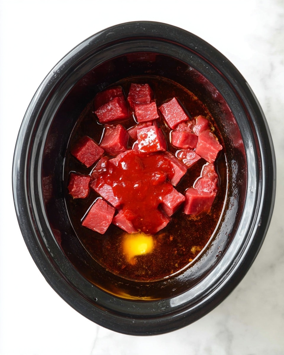 The image shows a black slow cooker filled with four layers of ingredients. The bottom layer is a dark brown liquid sauce that almost fills half the cooker. On top of this sauce are small cubes of raw red meat, roughly two layers thick, scattered evenly across the surface. Over the center of the meat cubes is a dollop of thick red sauce. Toward the bottom left side, there is a small yellow blob, possibly garlic or butter, floating on the dark sauce. The slow cooker sits on a white marbled surface. Photo taken with an iphone --ar 4:5 --v 7