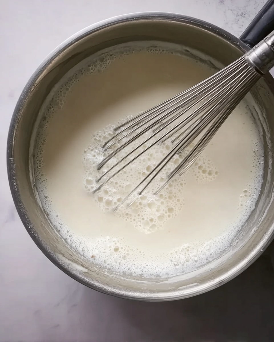 A close-up image showing the inside of a silver pot filled with white creamy liquid being stirred by a metal whisk. The whisk is partially submerged in the liquid, creating small bubbles and foam on the surface. The pot has a smooth, shiny texture with reflections from the light. The background surface is a white marbled texture. Photo taken with an iphone --ar 4:5 --v 7