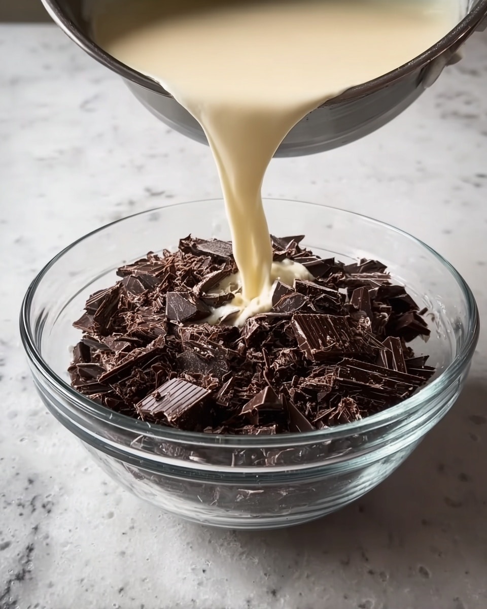 A clear glass bowl sits on a white marbled surface, filled halfway with dark brown chopped chocolate pieces. Above the bowl, creamy, light beige liquid is being poured from a silver pan into the bowl, creating a sharp contrast between the dark chocolate and smooth pale liquid. The scene captures the moment of pouring with liquid flowing smoothly into the center of the chocolate pile. photo taken with an iphone --ar 4:5 --v 7
