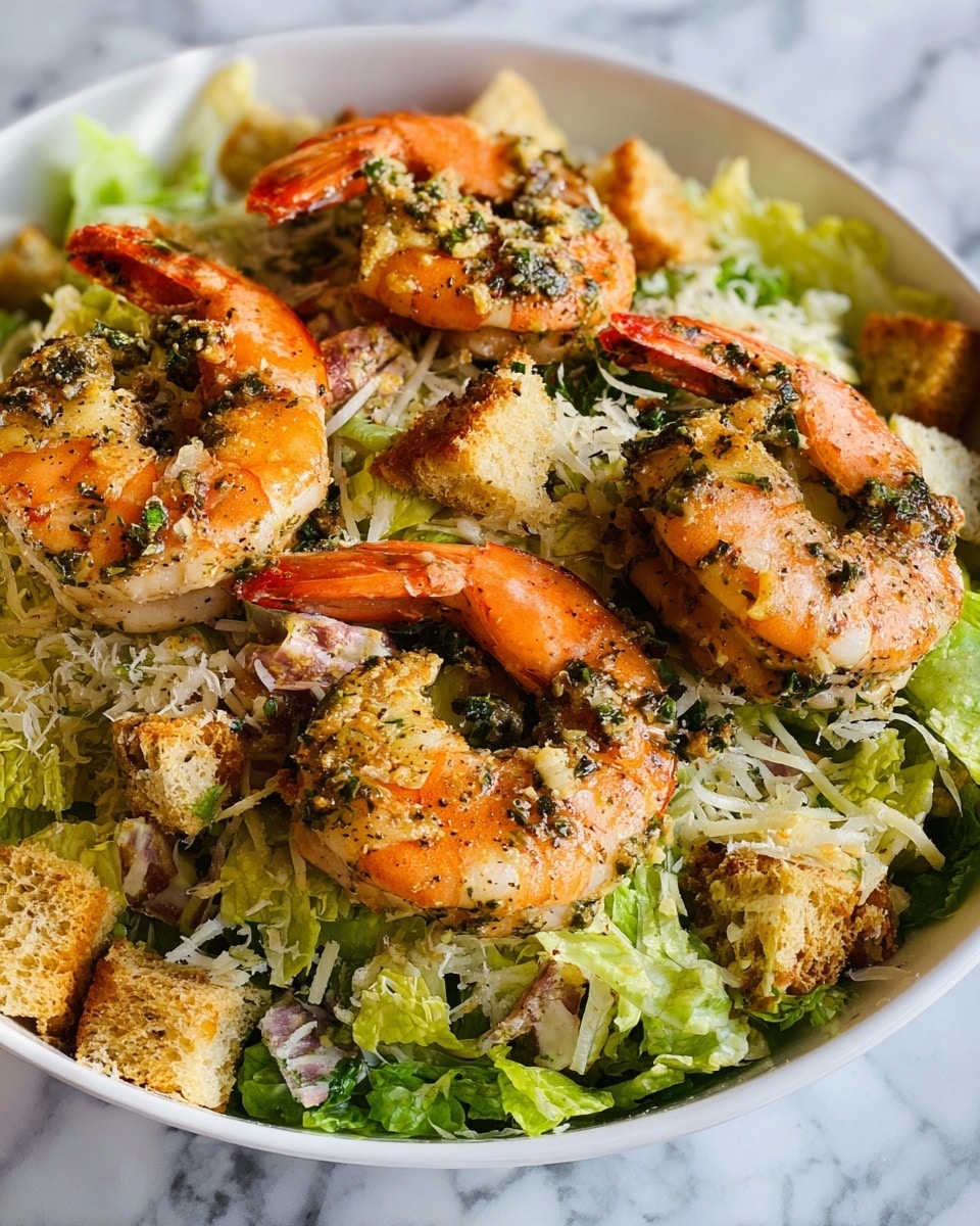 The dish is shown in a white bowl filled with layers starting with a fresh layer of chopped green lettuce at the bottom, topped with small bits of crumbly light tan croutons, and a sprinkling of thin, pale yellow shredded cheese spread evenly. Resting on top are five large cooked shrimp with bright orange-pink shells, each coated with a mix of dark green herbs and small garlic pieces, adding texture and color contrast. The shrimp are placed spread out so each one is clearly visible with their curved tails pointing upwards. The white marbled surface underneath the bowl adds a clean background to the fresh and vibrant salad photo taken with an iphone --ar 4:5 --v 7