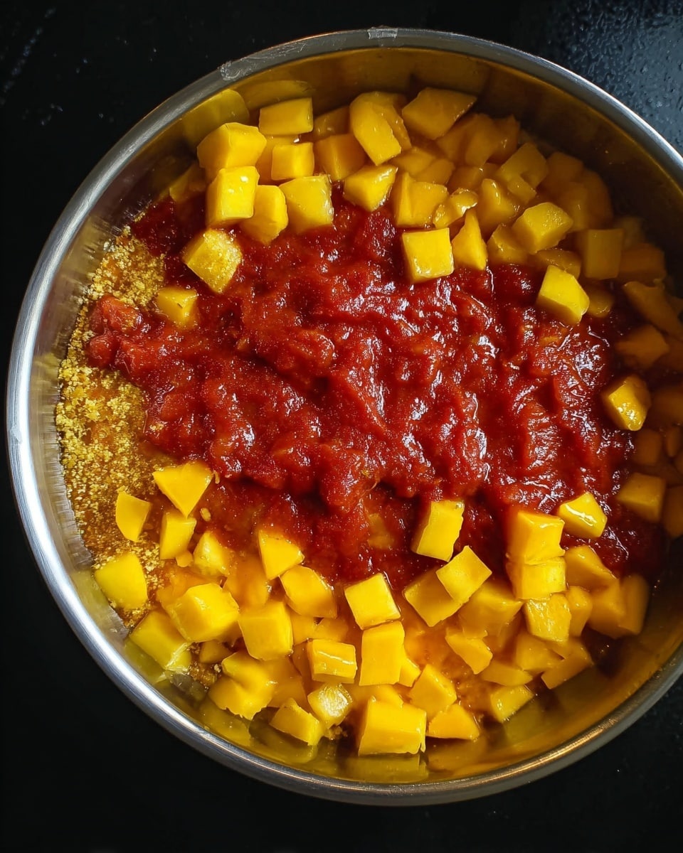 A close-up top view of a round stainless steel pan showing three clear layers: the bottom layer is a chunky light brown mix with uneven texture, the middle layer is a thick bright red sauce spread over, and the top layer is small, uniformly cut yellow-orange cubes sprinkled with a bit of white powder. The pan sits on a black surface. photo taken with an iphone --ar 4:5 --v 7