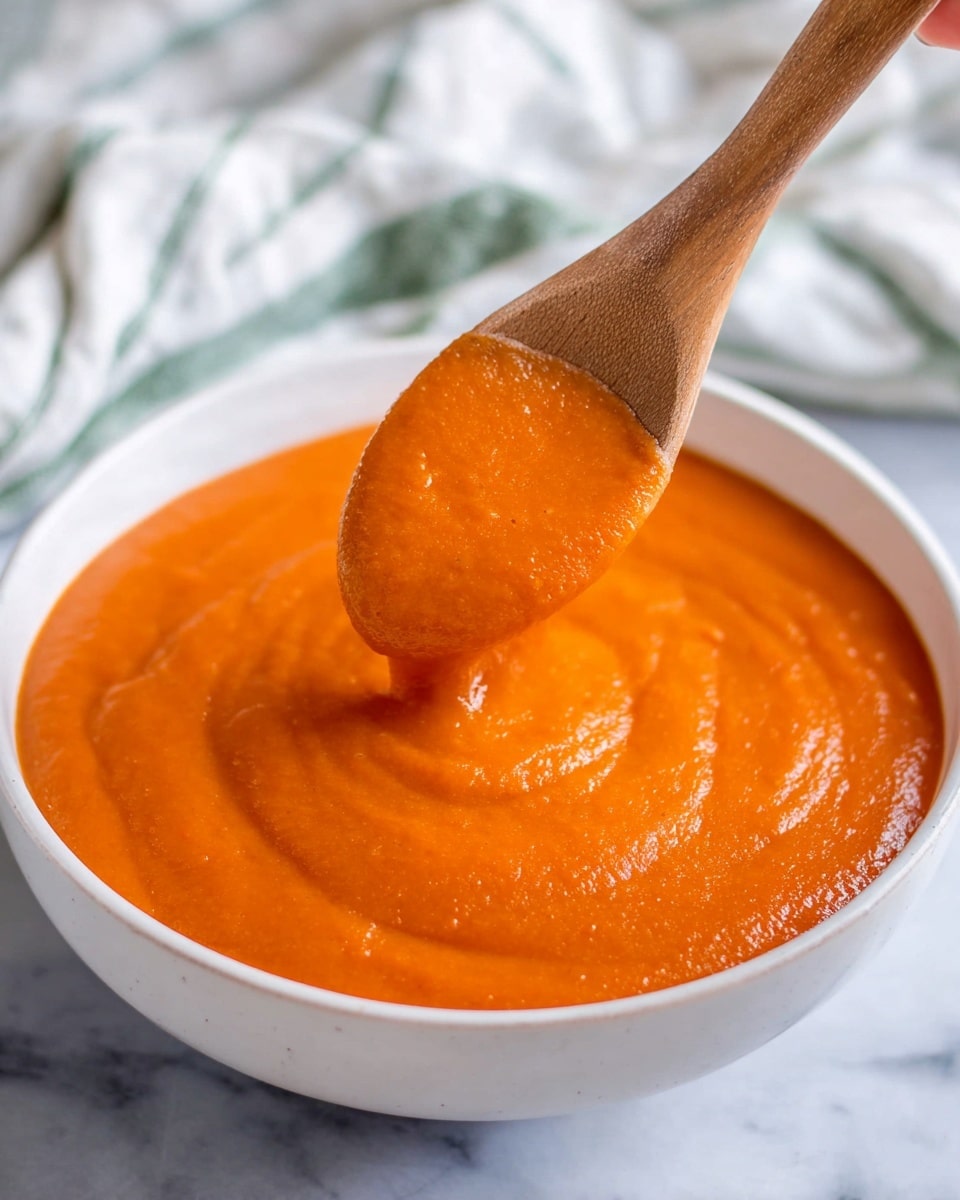 A close-up view shows a white bowl filled with smooth, thick orange sauce. The sauce has a shiny, creamy texture and is evenly spread inside the bowl. A wooden spoon held by a woman's hand is lifting some of the sauce, showing its rich, dense consistency and vibrant orange color. The bowl is placed on a white marbled surface, and a white cloth with green stripes is in the blurred background. photo taken with an iphone --ar 4:5 --v 7