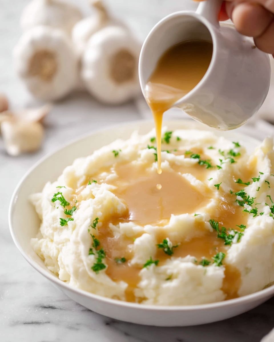 A white bowl filled with a thick layer of smooth, creamy mashed potatoes topped with small green parsley pieces. A woman's hand is pouring a light brown gravy from a small white cup onto the center of the mashed potatoes, with the gravy creating a glossy surface as it spreads. The bowl is set on a white marbled surface, and there are garlic bulbs blurred in the background. photo taken with an iphone --ar 4:5 --v 7