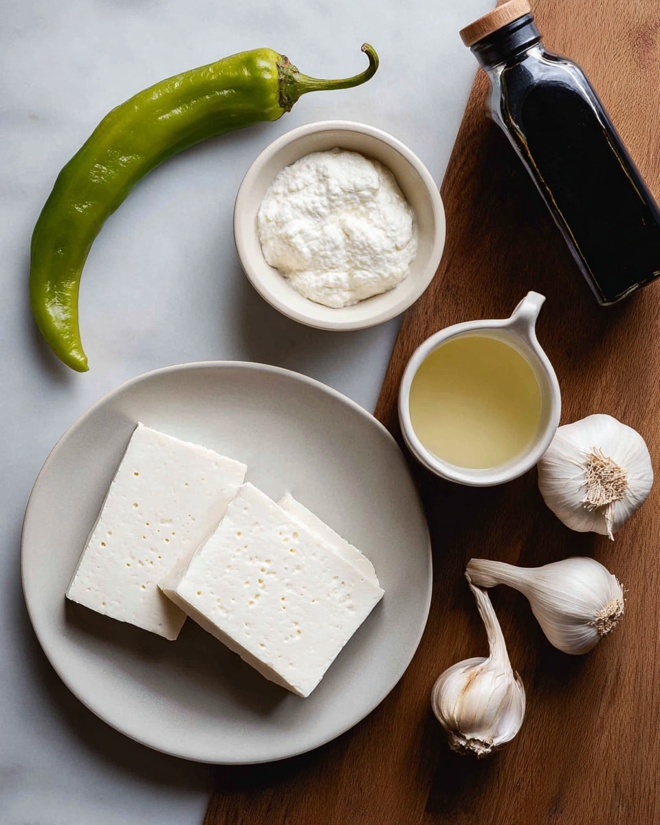 The image shows ingredients arranged on a white marbled surface, including two thick white blocks of cheese with small holes placed on a white plate at the bottom left, a small white bowl above it holding a white creamy mixture with soft texture, and a white cup next to it containing a light yellow liquid. A long, curved green chili pepper lies on the left side, while two garlic bulbs are placed near the top right corner beside a tall dark glass bottle with a black cap. photo taken with an iphone --ar 4:5 --v 7