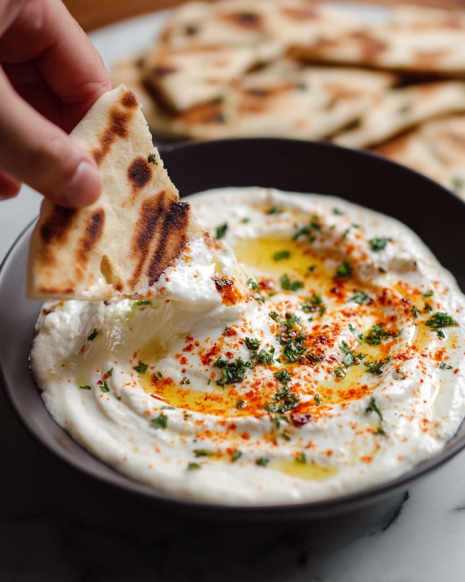 A close-up image shows a woman's hand dipping two pieces of soft, grilled flatbread with light brown grill marks into a creamy, white dip inside a white bowl. The dip is smooth with some texture and has a drizzle of golden oil and is sprinkled with reddish-orange spices and green herbs on top. The bowl sits on a white marbled surface, with more pieces of flatbread blurred in the background. Photo taken with an iphone --ar 4:5 --v 7