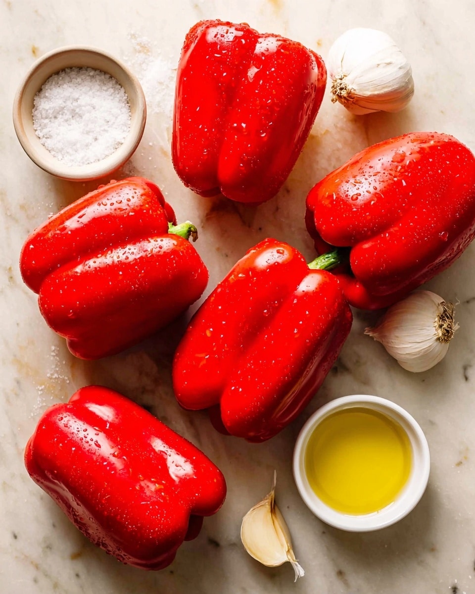 The image shows six large red bell peppers arranged randomly on a white marbled surface. The peppers are shiny with smooth skins, some showing small water droplets. On the left side, there is a small white bowl filled with coarse sea salt, and on the right side, there is another small white bowl containing a yellow liquid, likely oil. Two garlic cloves lie near the top center of the peppers. The overall scene is bright and well-lit, highlighting the vibrant red color of the peppers against the light background. Photo taken with an iphone --ar 4:5 --v 7