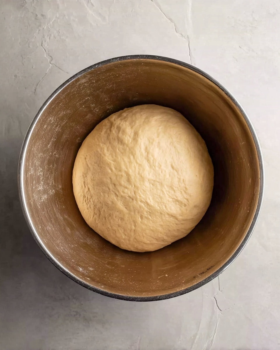 A metal bowl holds a smooth, round ball of dough with a pale beige color and soft texture, sitting evenly in the center of the bowl. The bowl sits on a white marbled surface, creating a clean and simple background that highlights the dough's slightly shiny surface. The photo is taken from above, showing the dough's subtle curves and soft, even consistency. photo taken with an iphone --ar 4:5 --v 7
