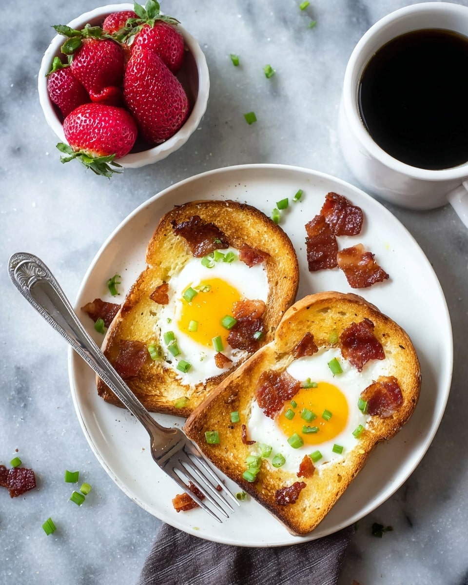 The image shows a metal baking tray with four slices of toasted white bread, each slice having a round hole in the center filled with a cooked egg. The eggs have soft, white edges and shiny, slightly runny bright orange yolks. Small pieces of crispy bacon bits are scattered on and around the bread slices. There are also small green chopped scallions sprinkled lightly on the eggs and bread. The baking tray is slightly worn with visible dark marks, and the whole scene sits on a white marbled surface. Photo taken with an iphone --ar 4:5 --v 7