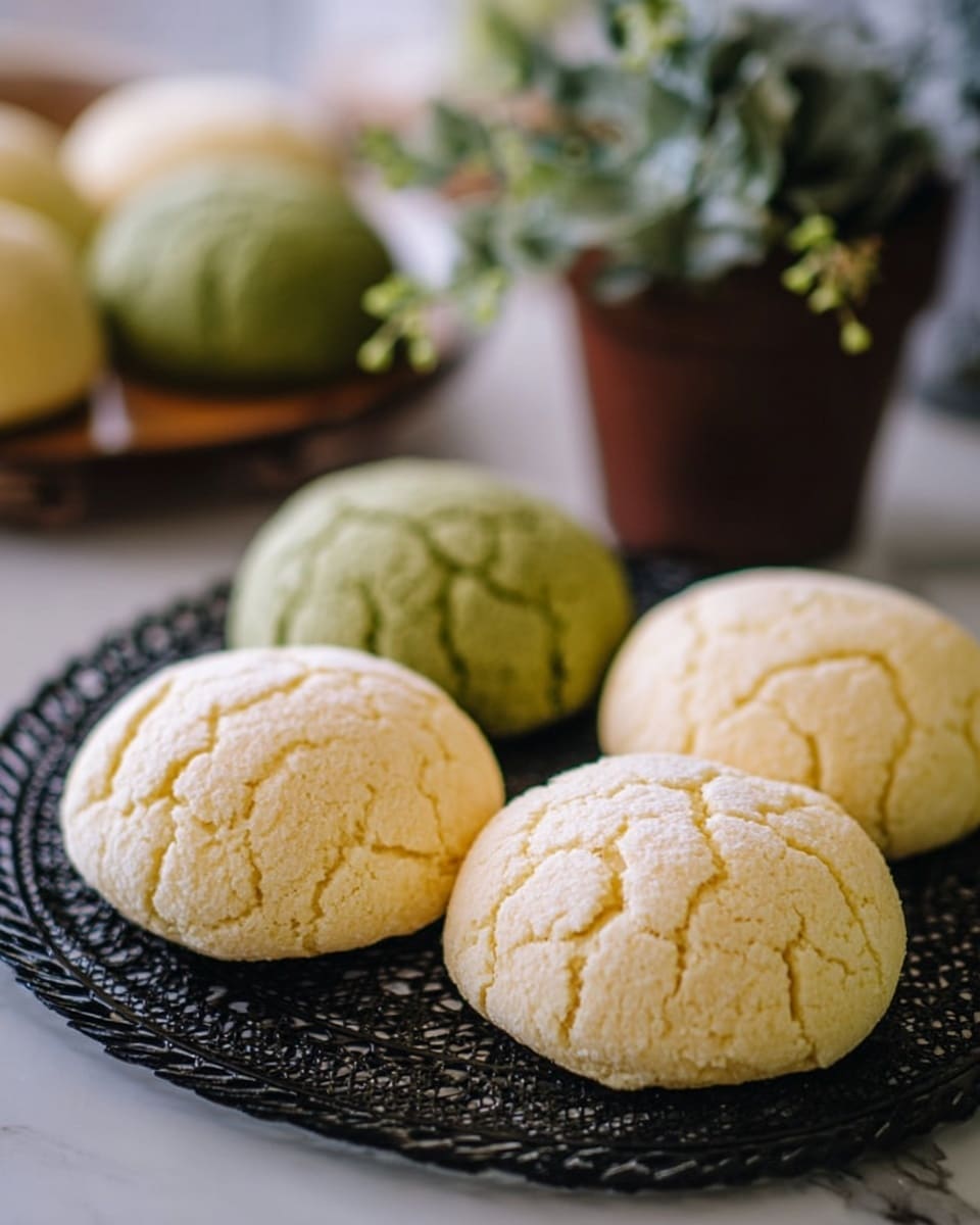 The image shows five round buns with cracked tops that have a pale yellow color and a soft, crumbly texture. Four buns are in the front on a black wire tray, with a detailed pattern around the edges. Behind these, there are two green buns that look similar in shape but have a darker green color. The background has a brown pot with green plants, all set on a white marbled surface. The focus is on the buns with a soft blurred background. photo taken with an iphone --ar 4:5 --v 7