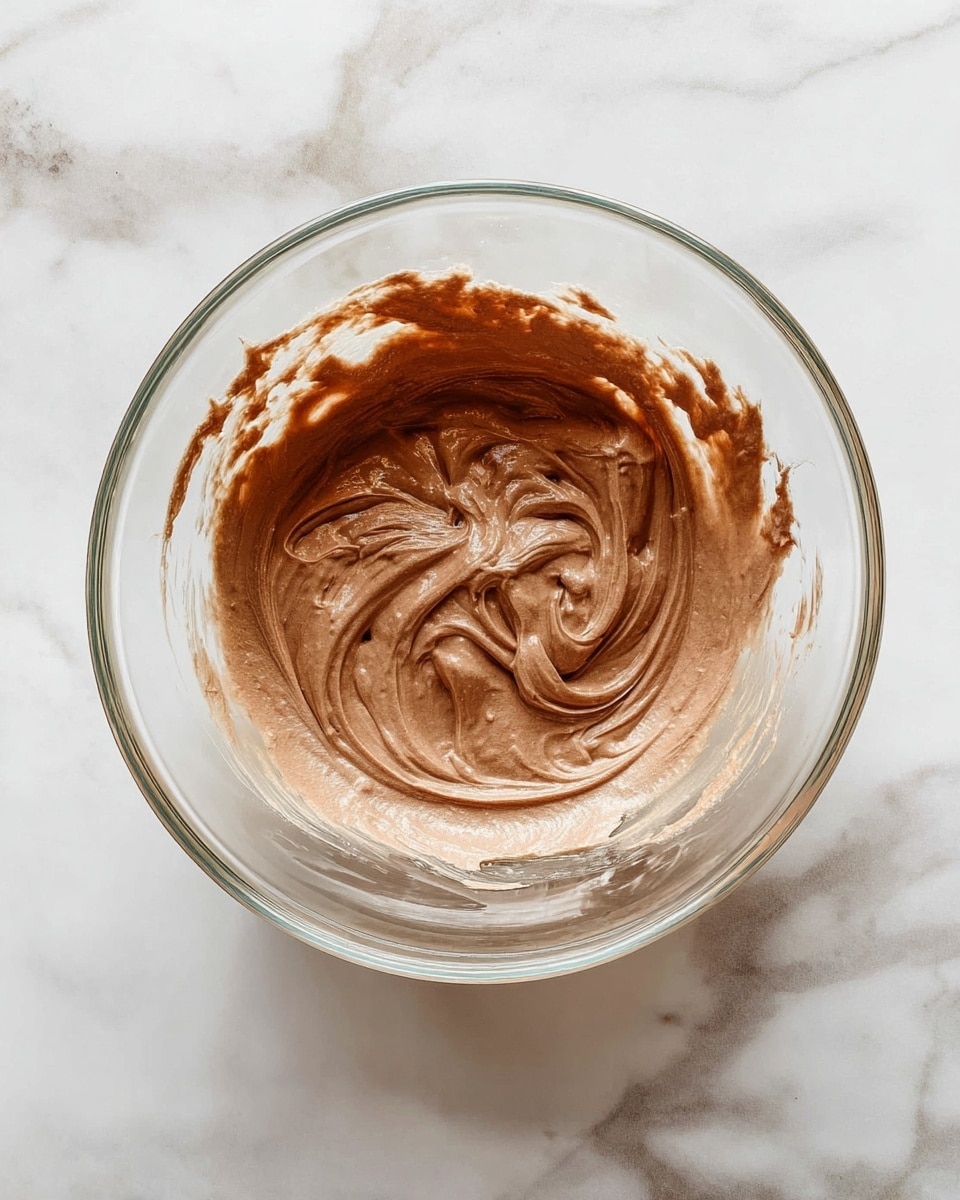 A clear glass bowl is placed on a white marbled surface, filled with a single layer of smooth, creamy chocolate mixture with a light brown color. The mixture is swirled in the center, showing soft peaks and a slightly glossy texture, with some streaks left on the sides of the bowl. photo taken with an iphone --ar 4:5 --v 7