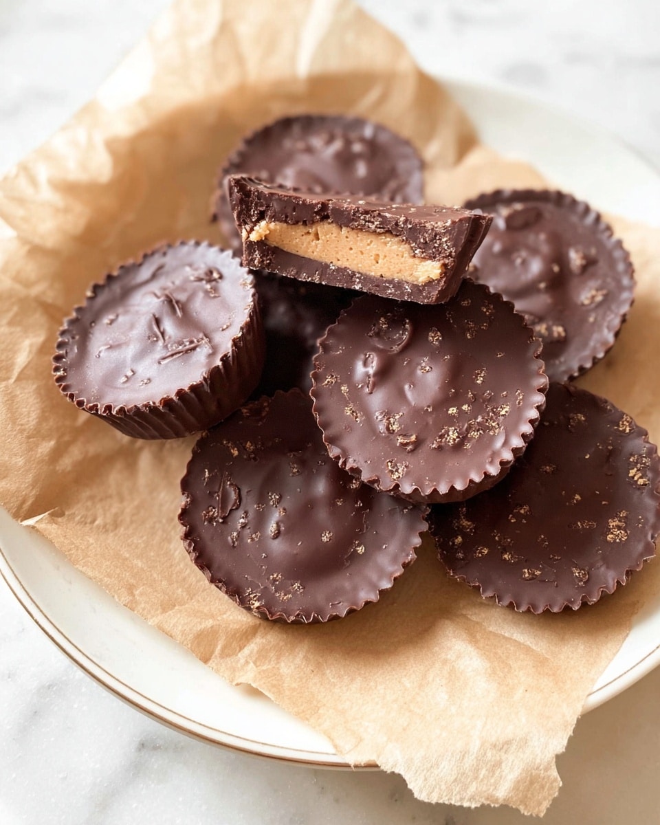 The image shows a white plate with seven round chocolate cups arranged in a loose cluster on a piece of light brown parchment paper. Each cup has a slightly rough surface with small crunchy bits visible in the chocolate, and some have a small swirl or bump on top. One chocolate cup is positioned on top of the others, broken in half to reveal a smooth, light brown peanut butter filling inside that contrasts with the darker, textured chocolate shell. The plate is placed on a white marbled surface. photo taken with an iphone --ar 4:5 --v 7