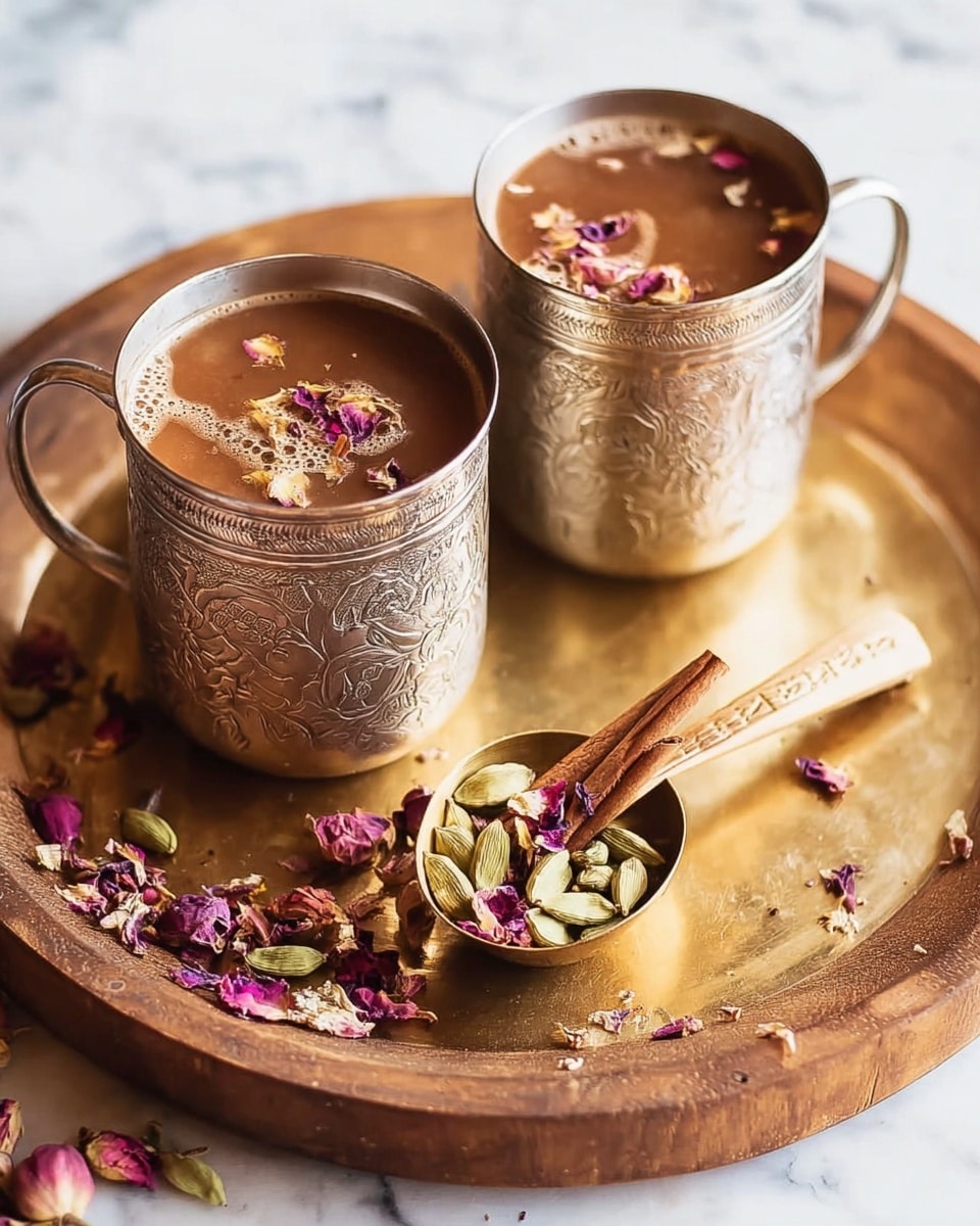 Two silver metal cups with engraved floral patterns, filled with a warm brown liquid containing small floating petals and spices, sit on a round brass tray. The tray also holds a brass scoop filled with colorful dried flower petals and green cardamom pods, topped with a light beige cinnamon stick. Scattered around the tray are loose dried rose petals and cardamom pods. The brass tray is placed on a round wooden board, all set against a white marbled surface. photo taken with an iphone --ar 4:5 --v 7