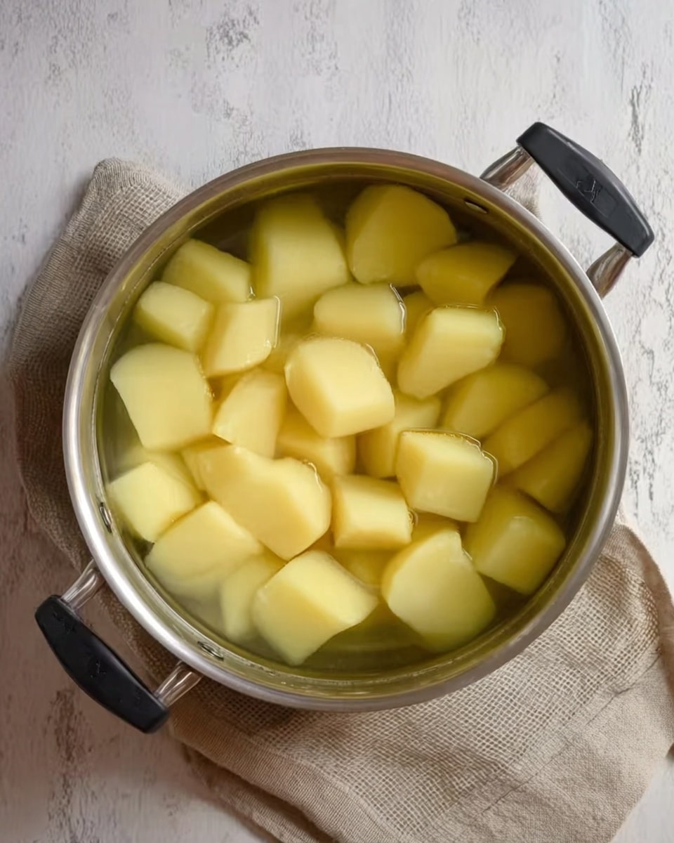 A top view of a stainless steel pot filled with peeled yellow potatoes cut into large chunks, all submerged in clear water. The pot has two black handles and sits on a white marbled surface with a beige cloth underneath. photo taken with an iphone --ar 4:5 --v 7