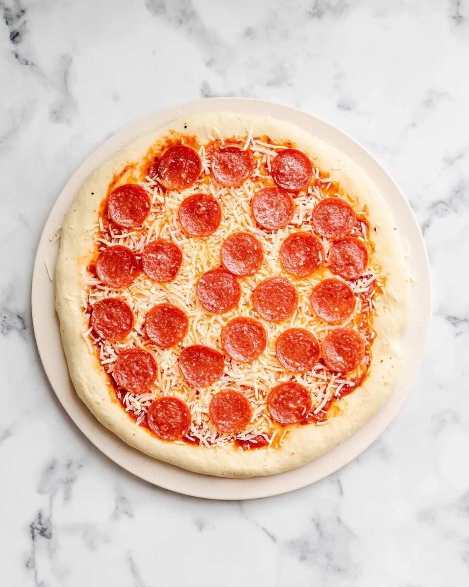 A round pizza with a thick, pale dough crust sits on a white plate on a white marbled surface. The pizza has a bright red tomato sauce spread evenly over the dough, topped with a generous layer of white shredded cheese. On top of the cheese, there are about 28 round, bright orange pepperoni slices spread across the pizza in a neat pattern, covering most of the surface but leaving some cheese visible around the edges. The photo taken with an iphone --ar 4:5 --v 7