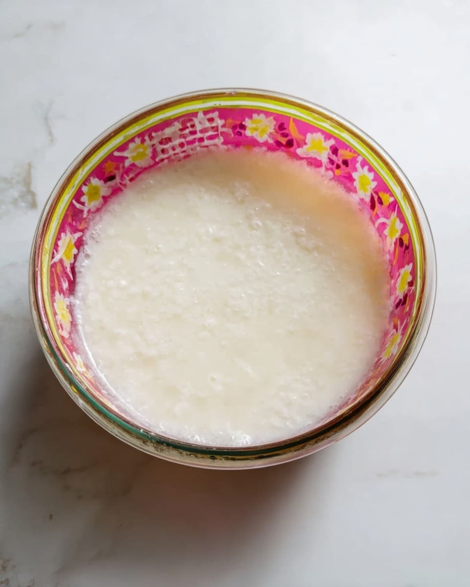 A clear glass bowl with pink and yellow flower patterns holds a single layer of white creamy rice pudding with a smooth, slightly thick texture. The bowl is placed on a white marbled surface, and you can see small bubbles and slight lumps in the pudding, showing its soft consistency. The edges of the bowl have the colorful flower designs, and the pudding fills it almost to the top. photo taken with an iphone --ar 4:5 --v 7