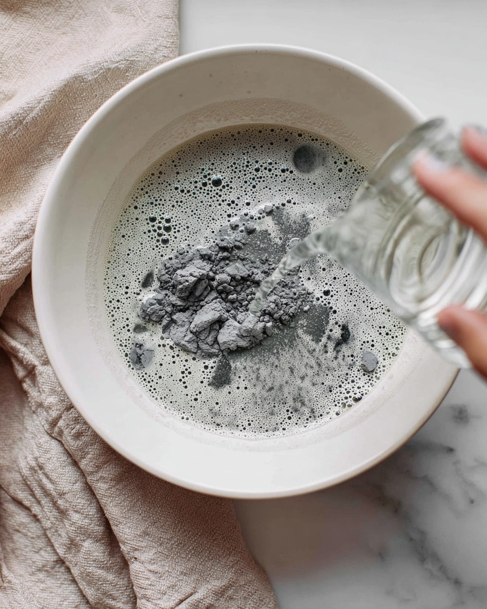 A close-up top view shows a white bowl with a mix of grey powder and clear water inside, creating a bubbly, foamy surface. A woman's hand is seen pouring water from a clear glass jar into the bowl. The grey powder looks clumpy and uneven, resting mostly in the center and spreading slightly outward in the mixture. The bowl sits on a white marbled surface with a folded light brown cloth nearby. The image has soft natural light and a clean, simple setting photo taken with an iphone --ar 4:5 --v 7