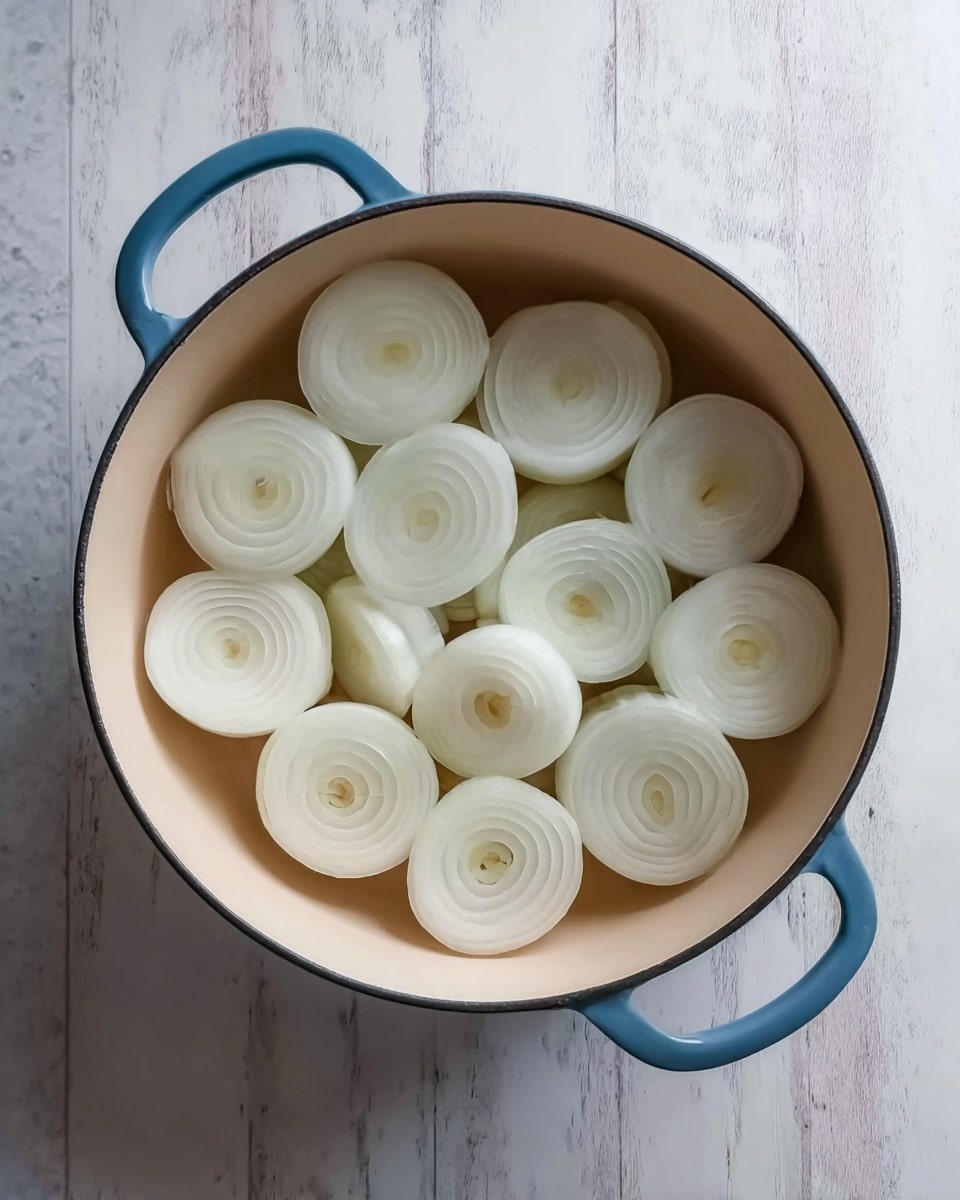 A white pot with blue handles is placed on a white marbled wooden surface. Inside the pot, there are twelve thick onion rings arranged closely in three rows, each with a smooth, pale white color and visible concentric circular layers. The rings are evenly spaced and cover the bottom of the pot. The pot’s interior is clean and cream-colored, contrasting softly with the white onion rings. photo taken with an iphone --ar 4:5 --v 7
