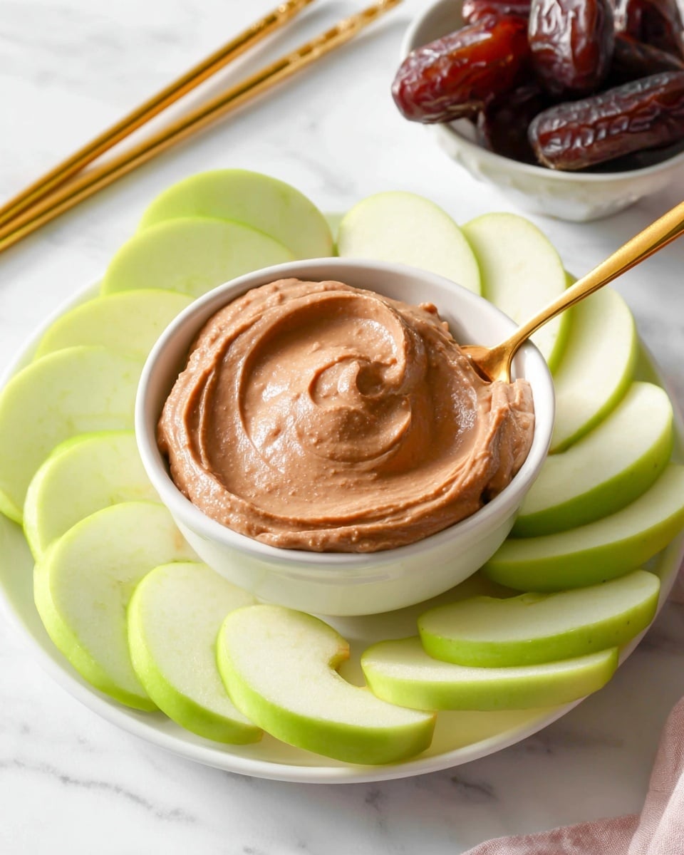 A white small bowl filled with smooth light brown spread, swirled on top showing creamy texture with a gold spoon dipped inside. The bowl is placed on a white plate surrounded by fresh, thinly sliced green apple pieces arranged evenly around it. In the background, there are whole dark brown dates and a pair of gold chopsticks resting on the white marbled surface. The overall look is clean and fresh with soft natural light. photo taken with an iphone --ar 4:5 --v 7