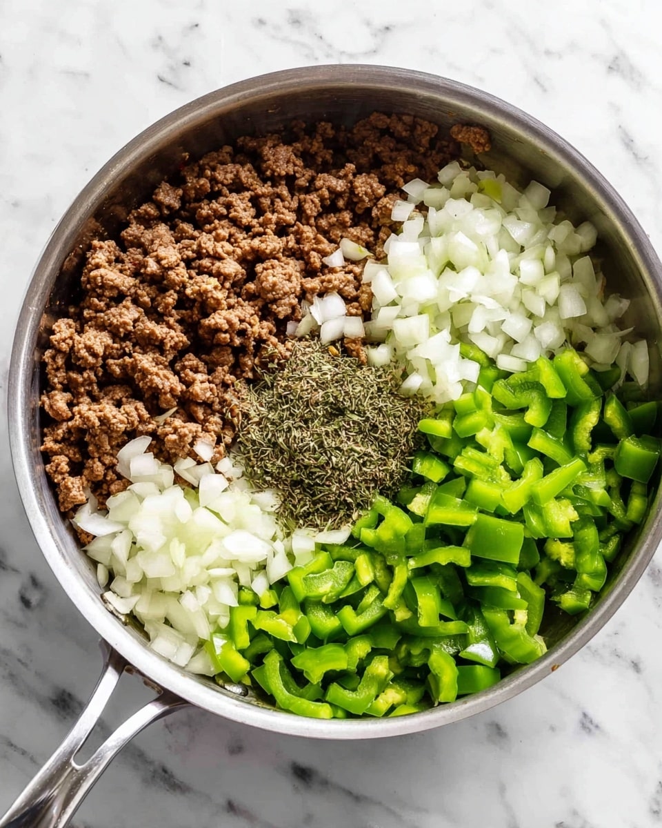 A round stainless steel pan sits on a white marbled surface filled with three main sections of ingredients side by side. One section contains brown cooked ground meat with a crumbly texture, next to it are finely chopped white onions with two small piles of dried herbs on top, and the last section has chopped green bell peppers with a smooth, shiny look. The ingredients fill the pan evenly without mixing. Photo taken with an iphone --ar 4:5 --v 7