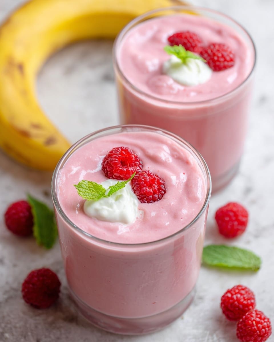 Two clear glasses filled with smooth, light pink raspberry smoothies sit side by side on a white marbled surface. Each glass has a small dollop of white cream on top, with fresh, bright red raspberries arranged near the cream. One glass has three raspberries, while the other has two raspberries and a small green mint leaf. Scattered around the glasses are more raspberries and a couple of mint leaves. A whole yellow banana with some brown spots rests above the top glass. The setting is bright and fresh, showing the creamy texture and vibrant colors clearly photo taken with an iphone --ar 4:5 --v 7