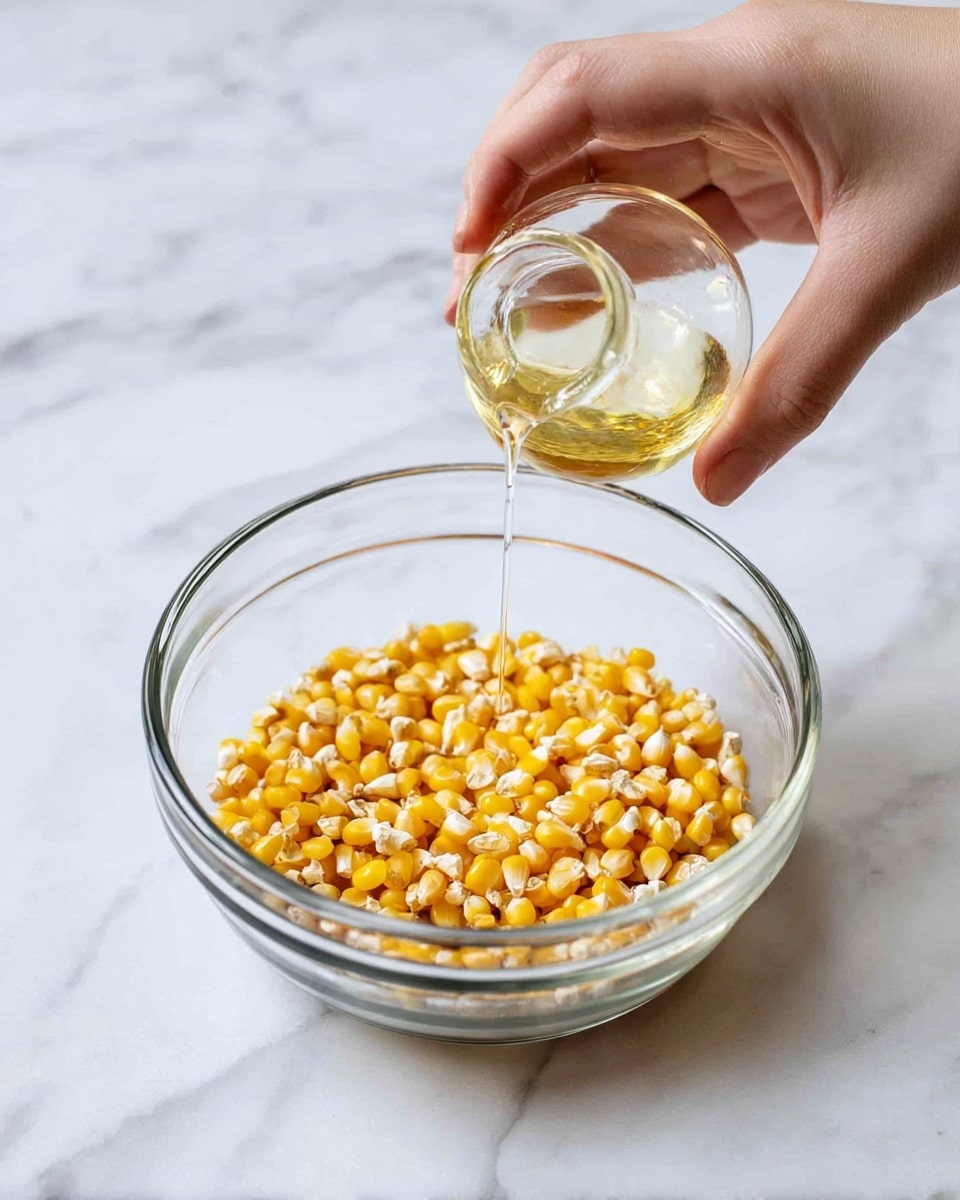 A clear glass bowl filled with one layer of shiny yellow popcorn kernels sits on a white marbled surface. Above the bowl, a woman's hand is holding a small clear glass container tilted to pour a thin stream of clear oil onto the kernels. The smooth glass surfaces of both the bowl and the container reflect light gently, while the white marbled background has soft grey veins running through it. photo taken with an iphone --ar 4:5 --v 7