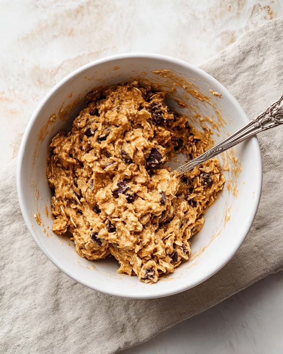A white bowl filled with thick, sticky oatmeal cookie dough mixed with visible oats and dark chocolate chips. The dough is a light brown color with a rough texture from the oats. A silver spoon with an ornate handle is partially inside the bowl resting on the dough. The bowl sits on a light beige cloth over a white marbled surface. photo taken with an iphone --ar 4:5 --v 7