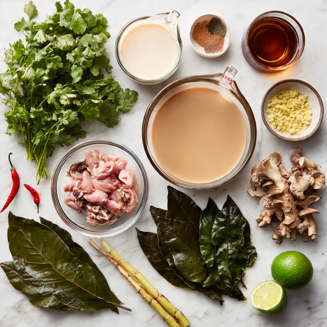 The image shows several ingredients arranged neatly on a white marbled surface. At the top left, there is a bunch of fresh green cilantro leaves, next to a clear glass measuring cup filled with white coconut milk. Below it, a clear glass bowl holds a light brown broth. Below the broth, another clear glass bowl contains small pieces of raw pink chicken. To the right of the bowls, there are clusters of light beige oyster mushrooms. Above the mushrooms, dark green kaffir lime leaves are spread out. To the right of the leaves, a small clear bowl holds crushed light yellow garlic or shallots. Next to that, a piece of fresh yellow galangal root lies near two pale green lemongrass stalks. Below, a small dark amber liquid is in a glass container. At the bottom right corner, a halved green lime and a whole green lime are placed beside two small red and orange chili peppers. photo taken with an iphone --ar 4:5 --v 7