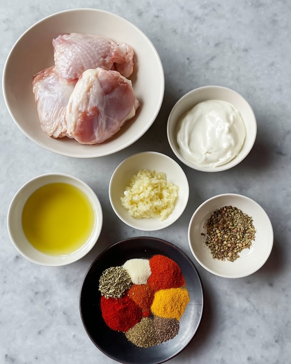 The image shows six bowls with ingredients placed on a white marbled surface. In the top left, a white bowl contains two pieces of raw pink chicken thighs. To the right, another white bowl holds a dollop of white creamy yogurt. Below and centered are four small white bowls; the bottom left bowl has minced garlic in light yellow, the middle bowl contains clear liquid like oil, the right bowl has a pale yellow liquid that looks like olive oil, and the bottom bowl holds eight different spices arranged in a circle, with colors ranging from bright red, golden yellow, white, brown, and black. The spices create a colorful, patterned layer in the bowl. photo taken with an iphone --ar 4:5 --v 7