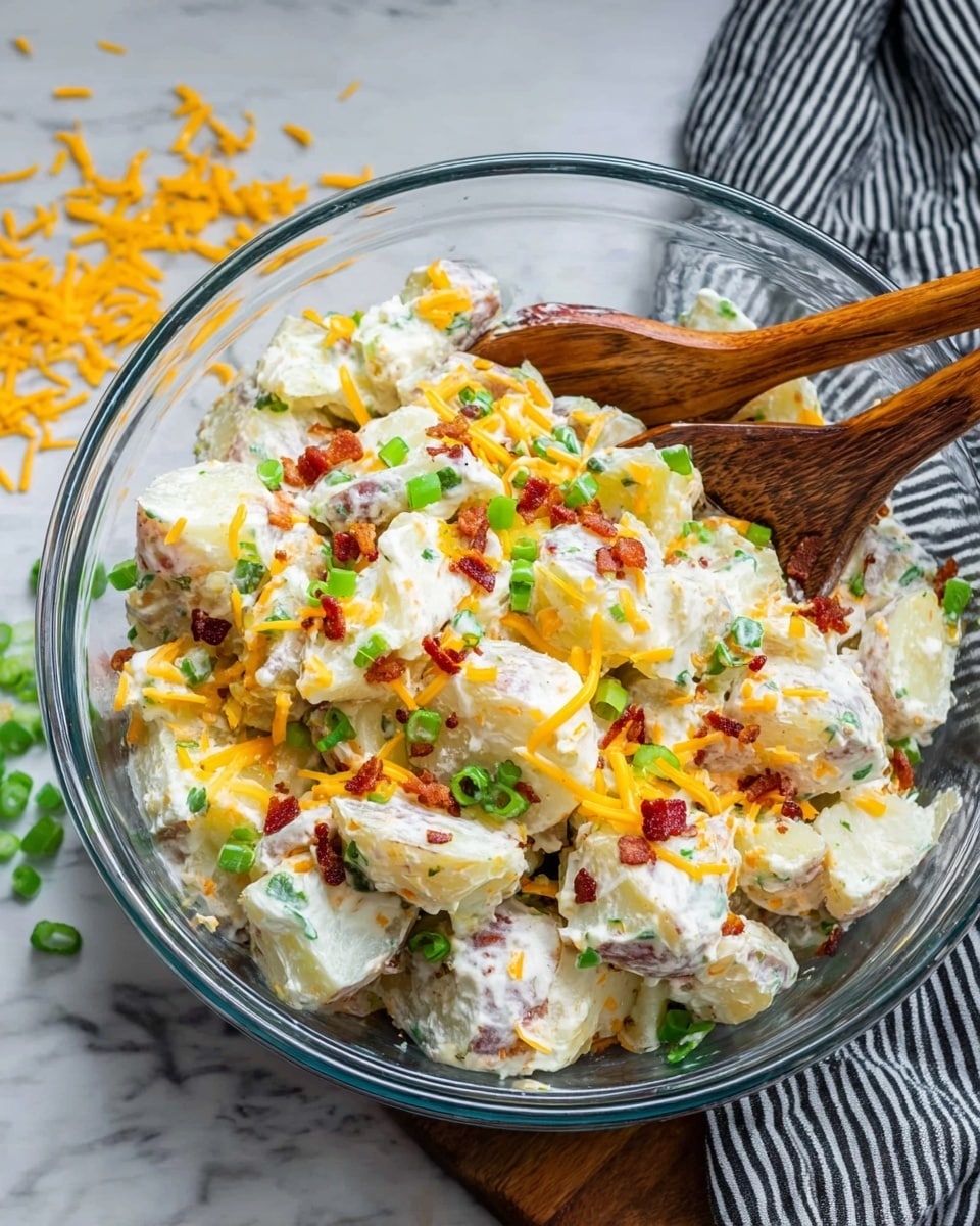 A clear glass bowl filled with a mixed potato salad placed on a white marbled surface. The salad has several layers with large white potato chunks coated in a creamy dressing, sprinkled with bright orange shredded cheddar cheese and bits of crispy brown bacon. Scattered green onion slices add a fresh, green touch. On the right side inside the bowl, two wooden serving spoons rest on top of the salad. Around the bowl, some shredded cheese pieces and green onion bits lie loosely, with a striped black and white cloth napkin partially visible in the upper right corner. Photo taken with an iphone --ar 4:5 --v 7