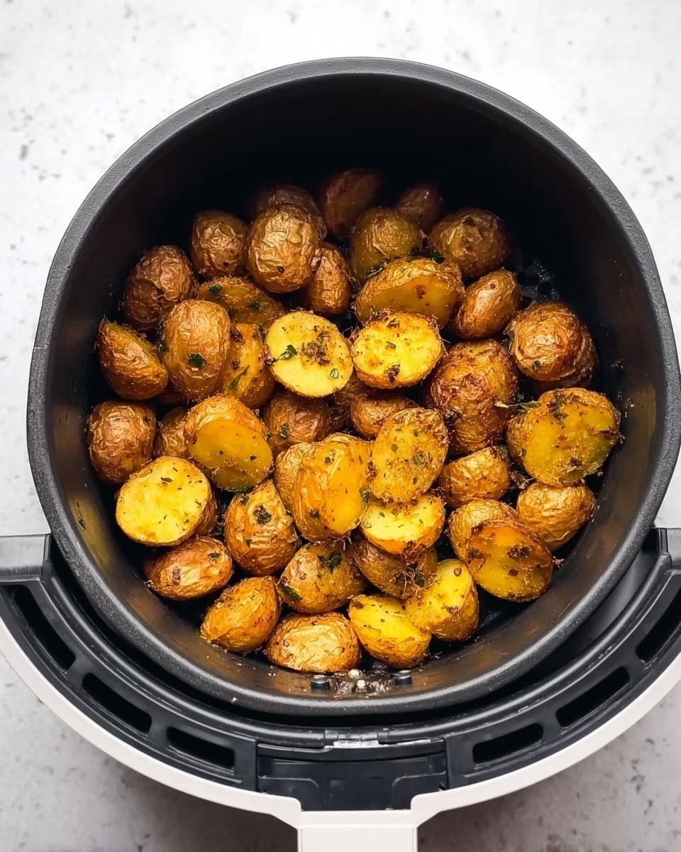 The image shows a white air fryer basket filled with seasoned golden-brown baby potatoes. The potatoes are cut in half, and their crispy skins and soft insides are visible. The pieces are mixed evenly and look roasted, with some small herbs and spices scattered on top. The air fryer basket sits on a white marbled textured surface. Photo taken with an iphone --ar 4:5 --v 7
