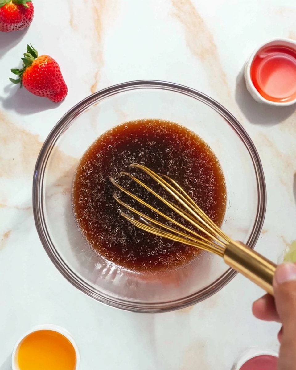 A clear glass bowl sits on a white marbled surface, containing a dark brown liquid mixture with small bubbles. A woman's hand holds a gold whisk inside the bowl, stirring the liquid. Around the bowl, there are a few strawberries and small white containers with colorful contents, adding bright red and orange contrasts to the scene. The overall look is clean and fresh with soft lighting. photo taken with an iphone --ar 4:5 --v 7